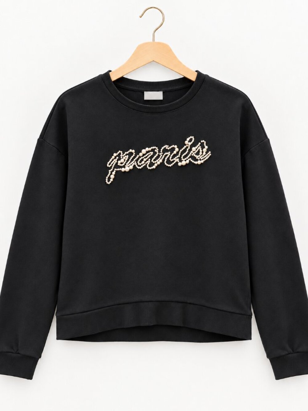 Black “Paris” Pearl Embellished Sweatshirt Y2K Preppy Sport Chic